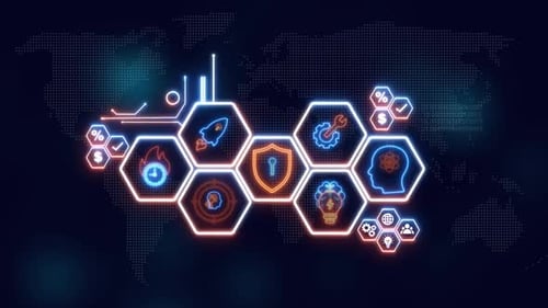 Digitales Netzwerk globaler Geschäfts- und Technologieikonen (Bild, Foto)