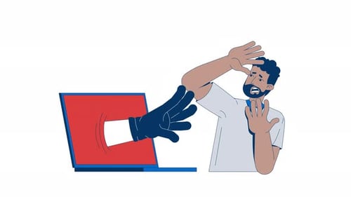 Digital Threat: Hand Reaches Out from Laptop to Scared Man