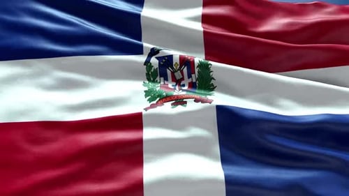 Realistic Waving Flag of Dominican Republic with Coat of Arms