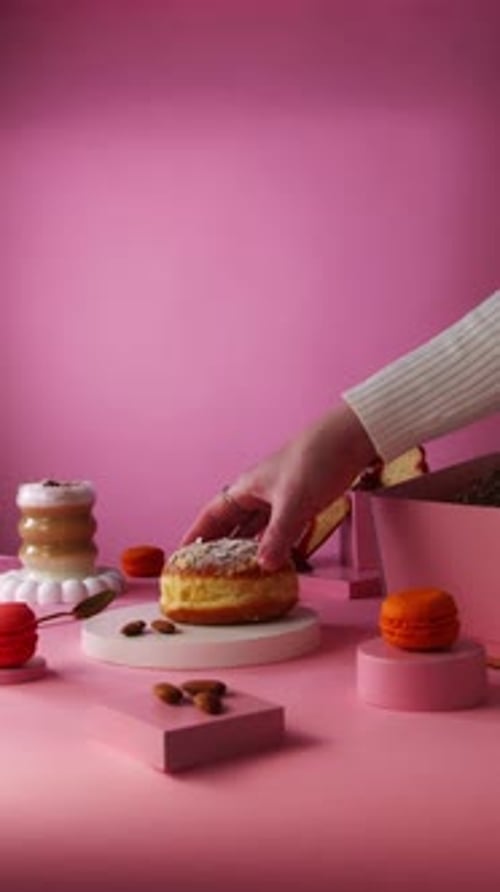 Creative Donut Display With Pink Background, Still Life