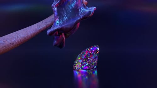 Abstract Hammer Strikes Iridescent Gem and Melts into Fluid