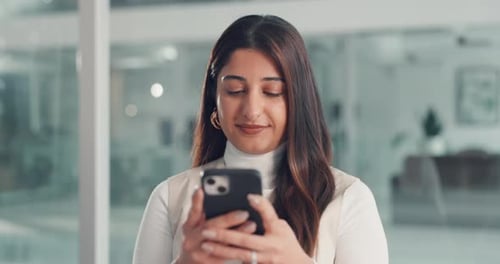 Phone, networking and businesswoman in office for typing email with communication on mobile app