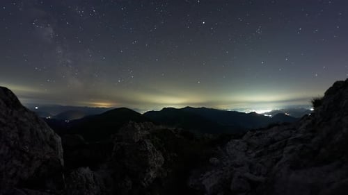 Night Sky Timelapse of Milky Way Galaxy Moving Over Mountains and Rocks
