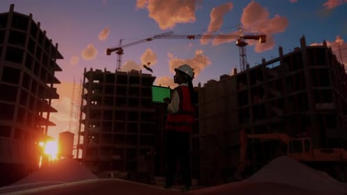 Back View Of Female Engineer Working On A Green Screen Laptop While Standing At Construction Site