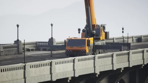 Gran grúa automotriz en el puente en construcción