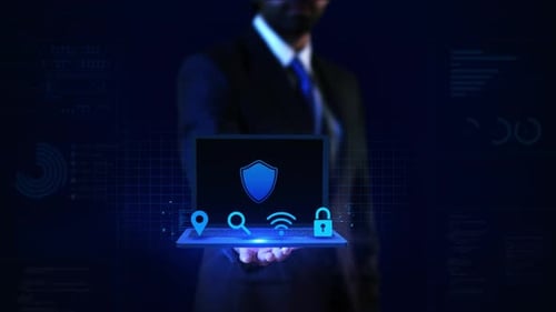 Animated Laptop with Glowing Cybersecurity Icons Presentation