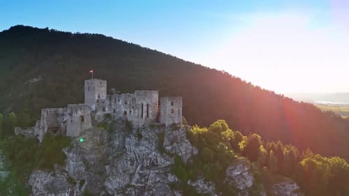 Strecno Castle on the mountain top in the countryside of Slovakia.