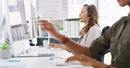 Business woman, office and call center communication on computer for customer service
