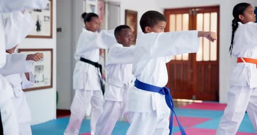 Kids practicing karate in a gym setting
