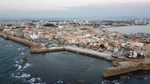 vista aérea del atardecer de la Ciudad Vieja de Acre Akko, Patrimonio de la Humanidad en Israel
