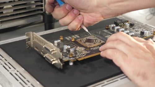 06, Preparation of the video card and infrared soldering station for unsoldering the GPU chip.