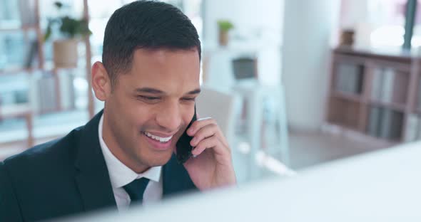 Phone call, computer and happy man talking, discussion and networking ...