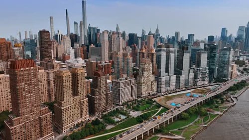Non-repeating buildings in the architecture of New York at Hudson waterfront. Famous Skyscrapers