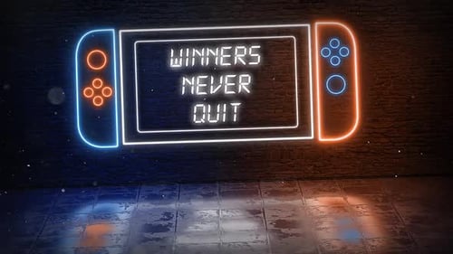 Winners Never Quit In Neon Game Console Blue And Orange