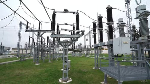 Power Line Industrial View Line of Electric Transmissions View of the Transformers the Process of