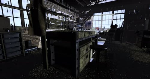 Old Workshop with View of City Through Large Windows in Dim Lighting