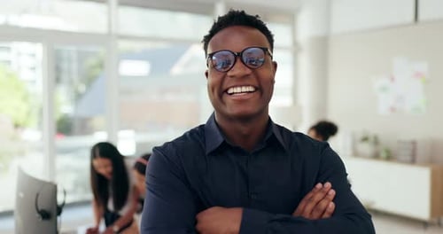 Businessman, face and smile in office with confidence in creative agency for startup