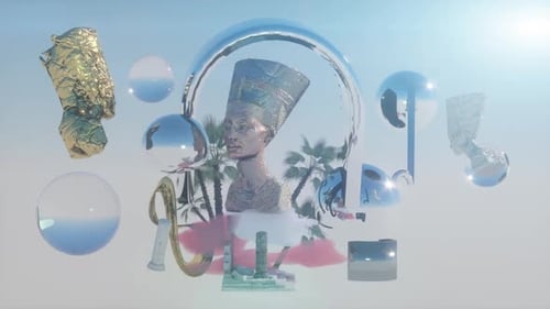 Surreal futuristic scene with floating objects and palm trees