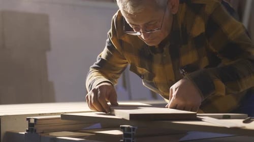 The carpenter blows the dust on the wooden plank in the workshop.