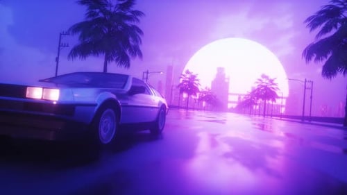 Synth Wave Style Backdrop Of Riding Car On Endless Road With Cityscape View
