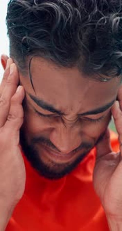 Fitness, pain and man with headache outdoor from intense workout, dehydration and discomfort