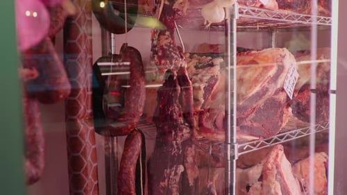 Close Up of Displayed Beef and Sausage