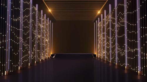 Modern Geometric Stage Entrance with Glowing Light Pillars Loop