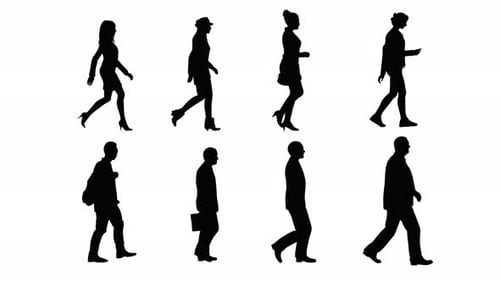 Set of black shape people walking on white background,4K alpha channel