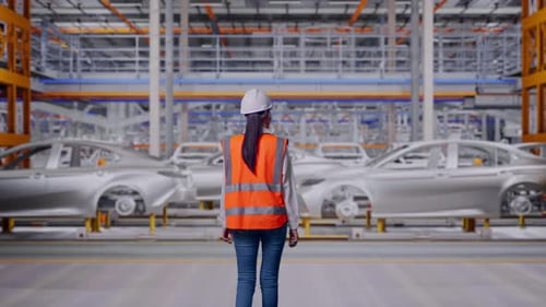 Dos d'une ingénieure asiatique marchant dans une usine automobile