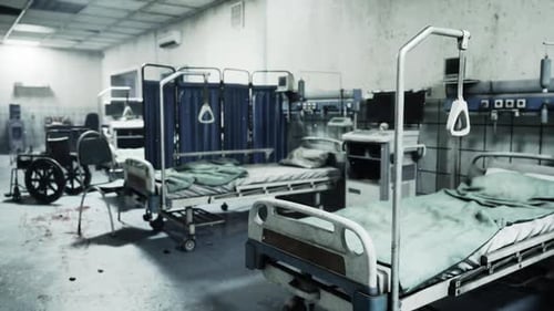 Abandoned Hospital Ward with Empty Beds and Decaying Equipment