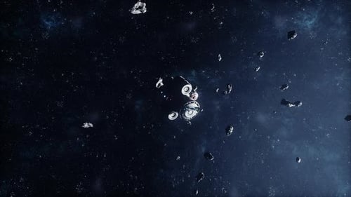 Futuristic Spaceship Navigates Asteroid Field in Deep Space
