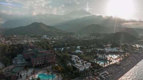 Aerial View of Beachfront Hotel, Mountains and Ocean