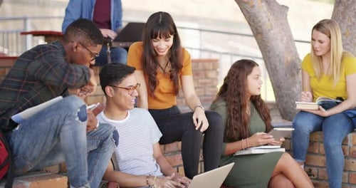 Group of students, studying on campus and laptop for learning, planning and teamwork at university