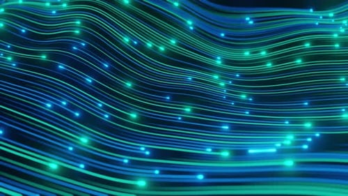 Abstract technology wave of particles. Big data visualization. Dark background with motion green lin