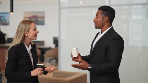 Diverse Cheerful Business People in Suit Having Coffee at Break Time Chatting Together in Office