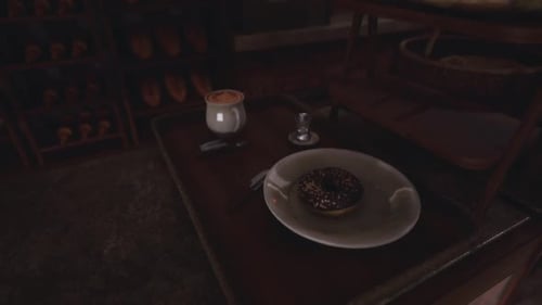 Delicious Donut and Fragrant Beverage on a Rustic Wooden Table in a Cozy Cafe