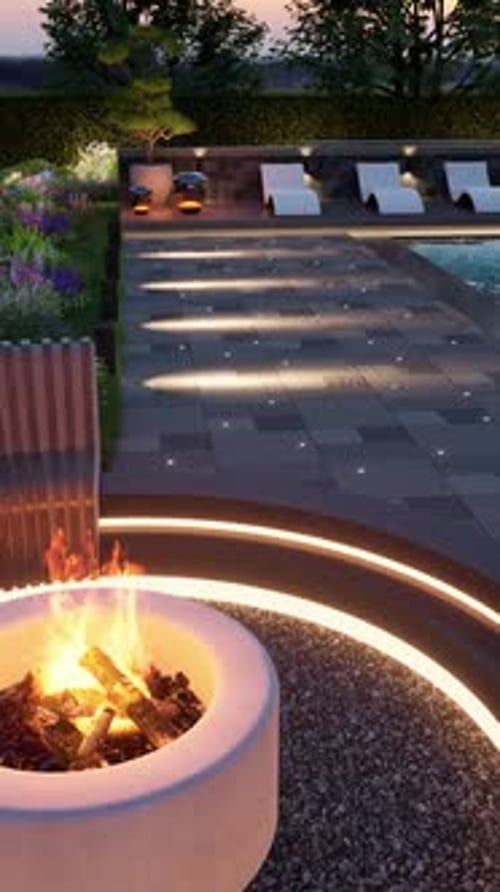 3D render. Landscaping around the backyard pool with evening lights. Vertical format for phone