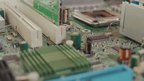 Close Up of Computer Motherboard with Electronic Components