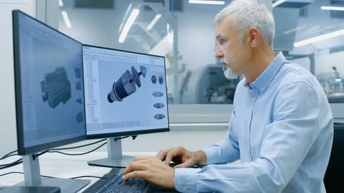 Senior Industrial Engineer Working on a Personal Computer with Two Displays, He's Designing New Eff