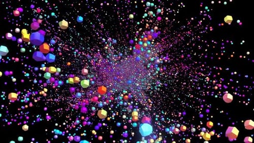 Vibrant 3D abstract geometric shapes flying through space wi