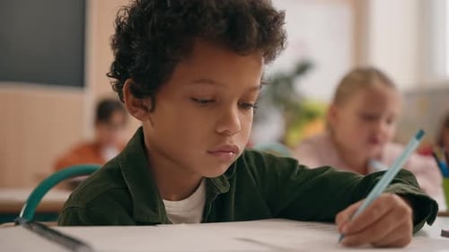 Smart African American Guy Boy Think Writing Notes Task Exercise Class Lesson School Learn Write in