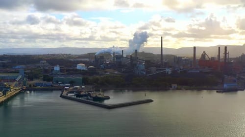 Emissions From Steel Plant In Wollongong NSW Australia - aerial shot