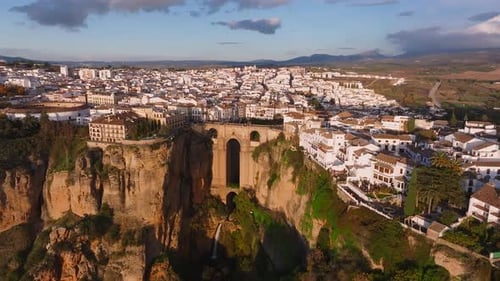 Aerial View of Ronda Spain Highlighting the Puente Nuevo Bridge and Whitewashed