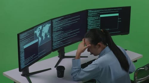 Seitenansicht einer asiatischen Frau, die Kopfschmerzen hat, während sie Code mit mehreren Computern auf einem grünen Bildschirm schreibt