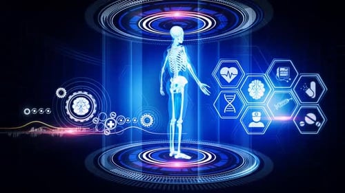 Digital Human Skeleton Medical Interface with Animated Hologram Icons
