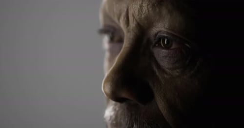 Close Up of an Elderly Man Highlighting Deep Wrinkles and Expressive Eyes