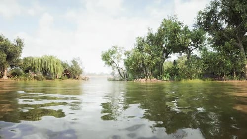 Peaceful River Landscape with Flowing Water and Green Trees