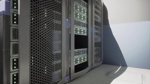 Shot of Corridor in Working Data Center Full of Rack Servers and Supercomputers