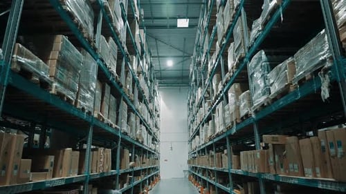 Expansive Industrial Warehouse Aisle with Towering Steel Racks Stacked with Shrinkwrapped Pallets