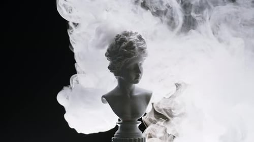 White Statue Sculpture on Black Background in Smoke Smoking Fog Vapour Texture Closeup